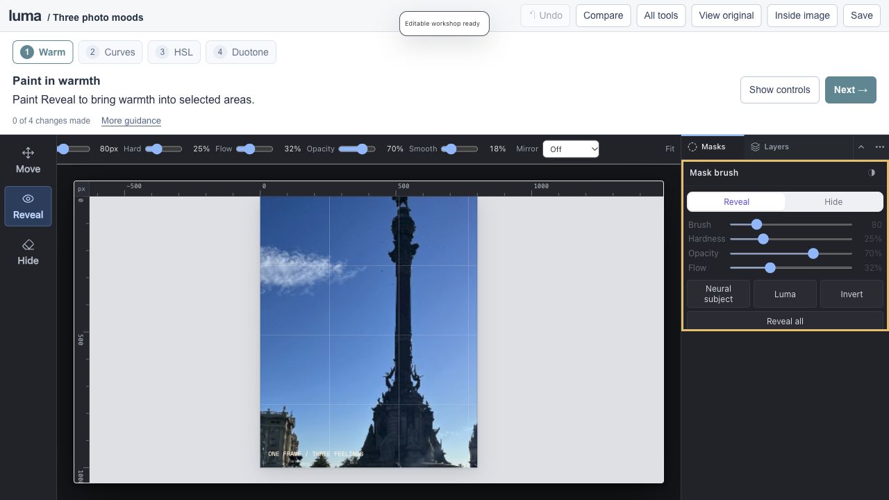 The real Luma editor for One photograph, three feelings.