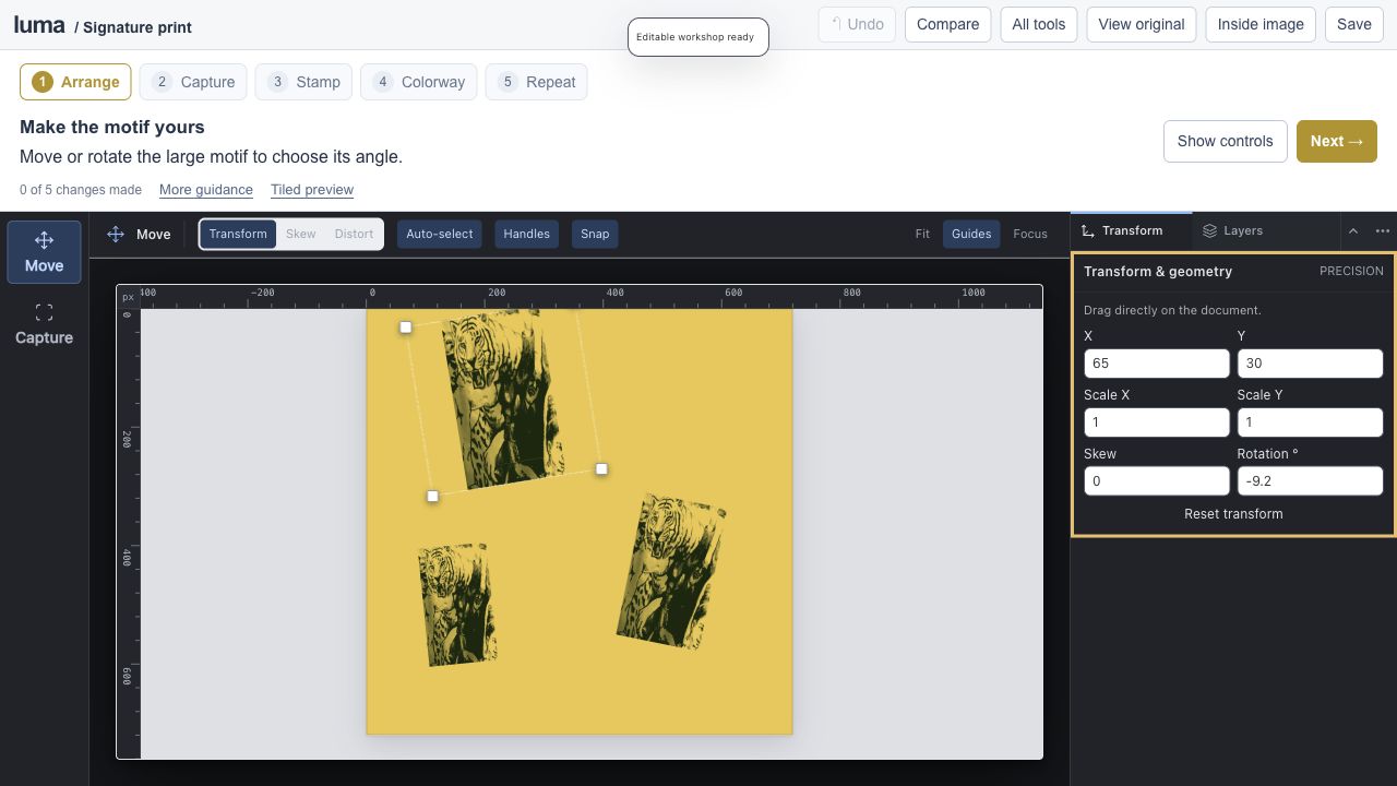 The real Luma editor for Build a signature print.