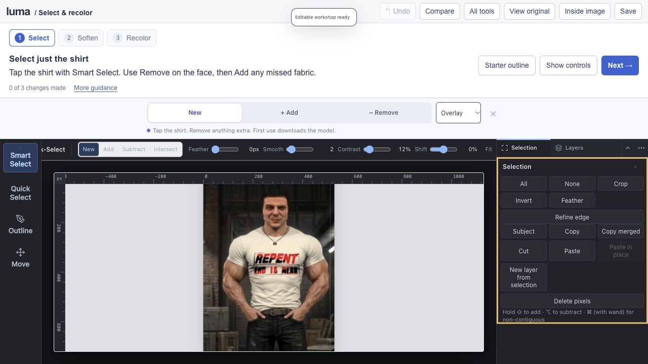 The real Luma editor for Select his shirt. Change its color.
