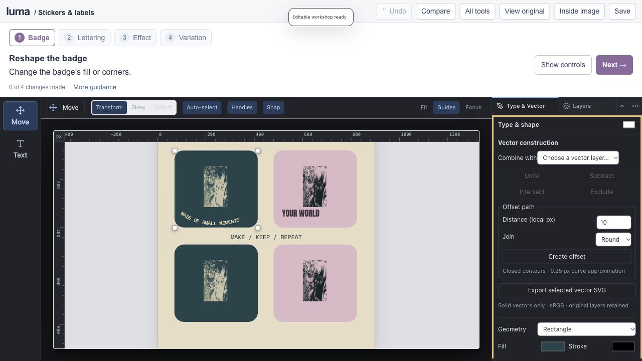 The real Luma editor for Design a sticker and label collection.