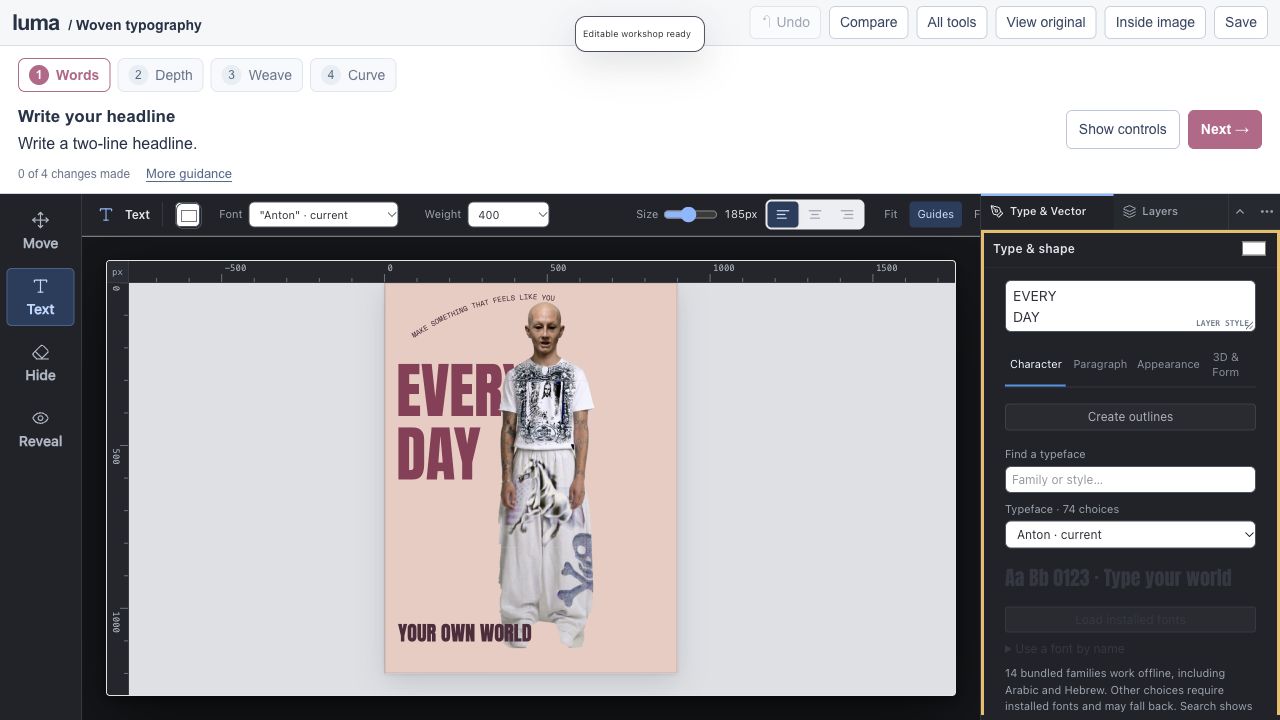 The real Luma editor for Make type weave through an image.